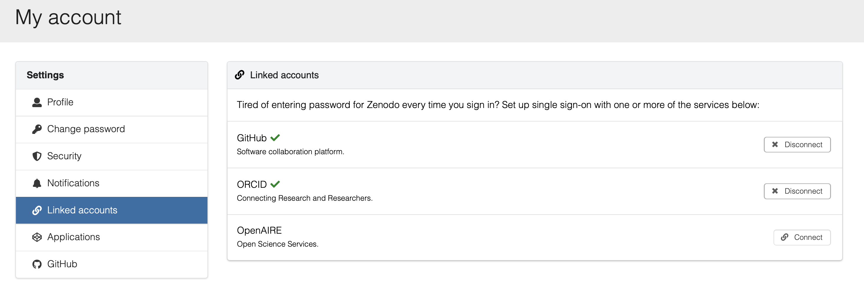 Connecting accounts to Zenodo