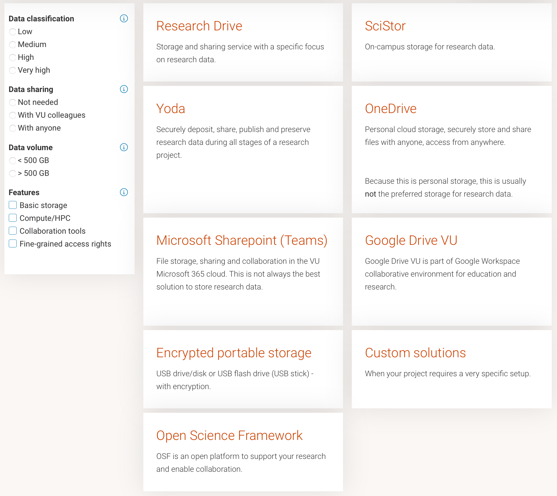 Screenshot of the VU Storage Finder tool