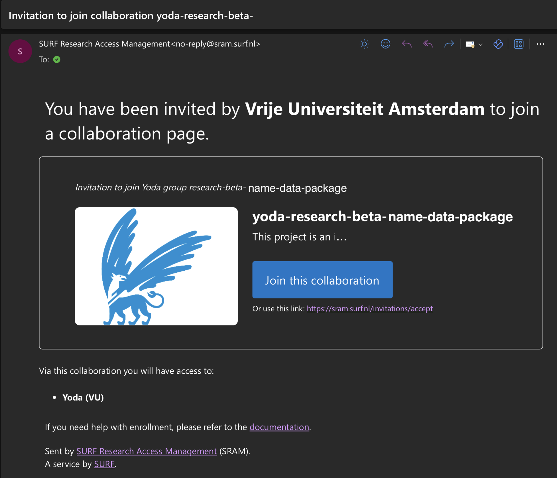 SURF invitation email with join collaboration link