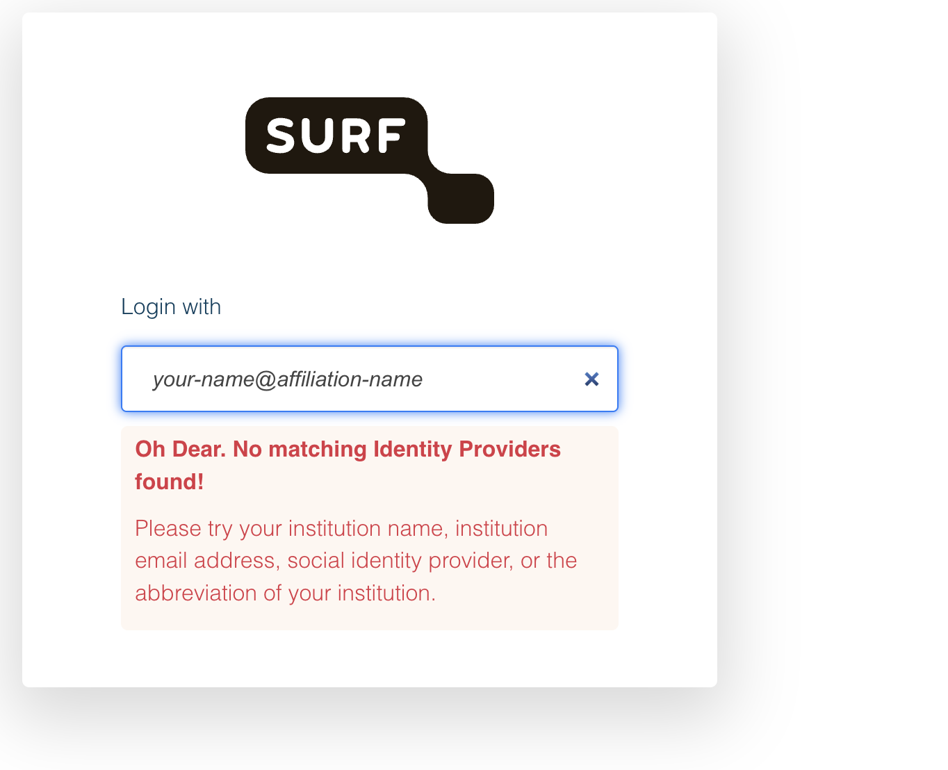 Login page shown when institution is not in the SRAM list
