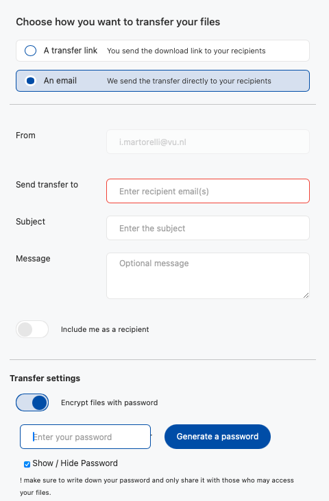 Sending a transfer directly to a recipient by email in SURFfilesender