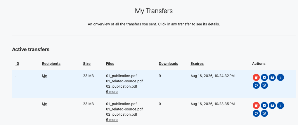 Sender view showing the transfer has been accessed and downloaded